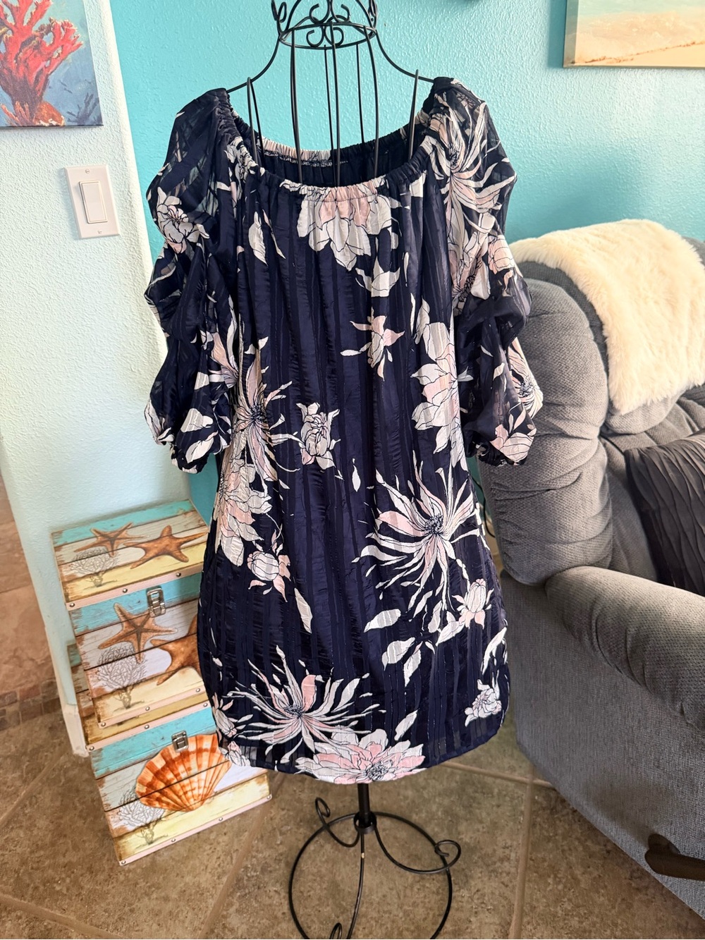 Navy Floral Off-Shoulder Mini Dress with Puff Sleeves